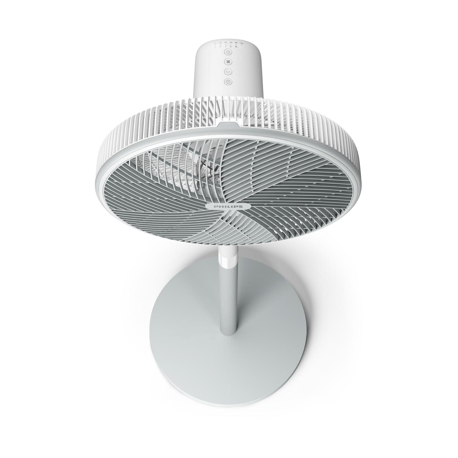Un ventilatore da terra bianco dall'aspetto moderno su sfondo bianco.