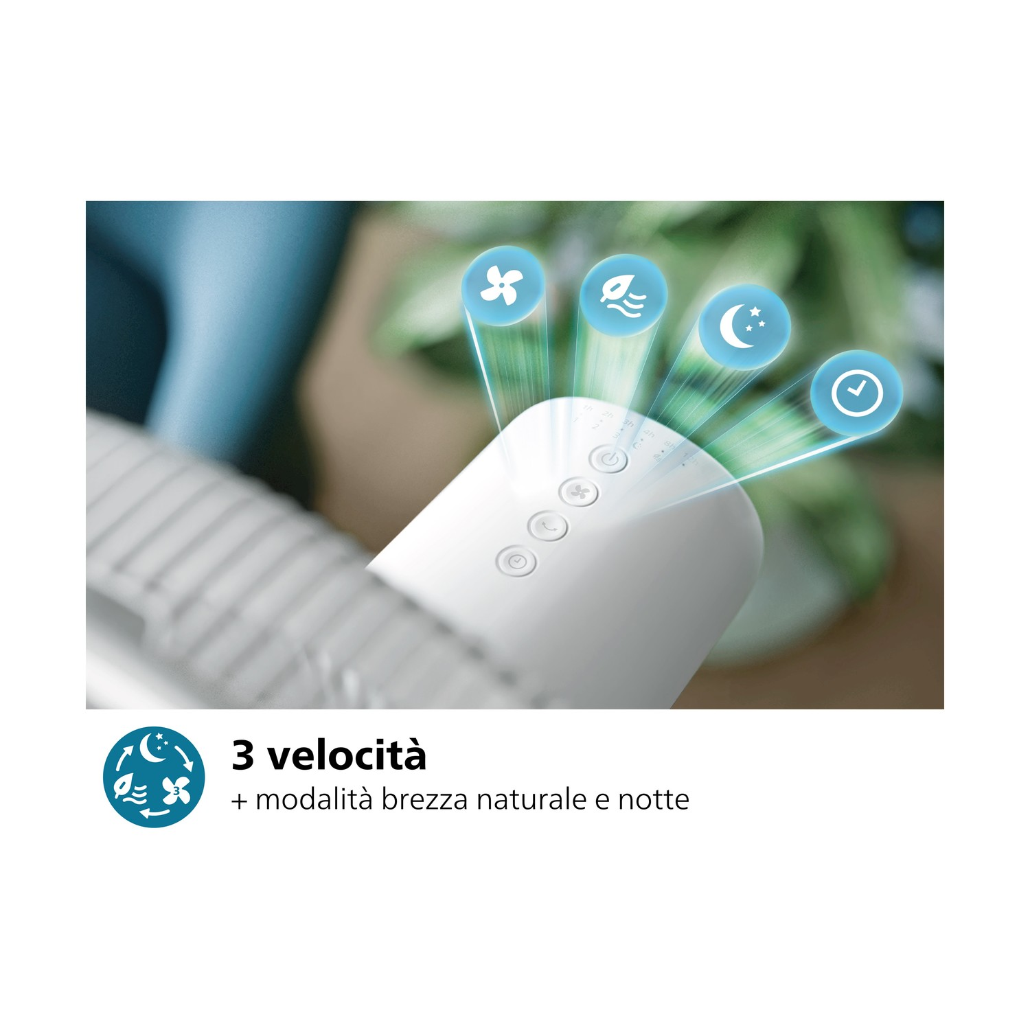 Pannello di controllo ventola con icone per velocità, modalità e timer.