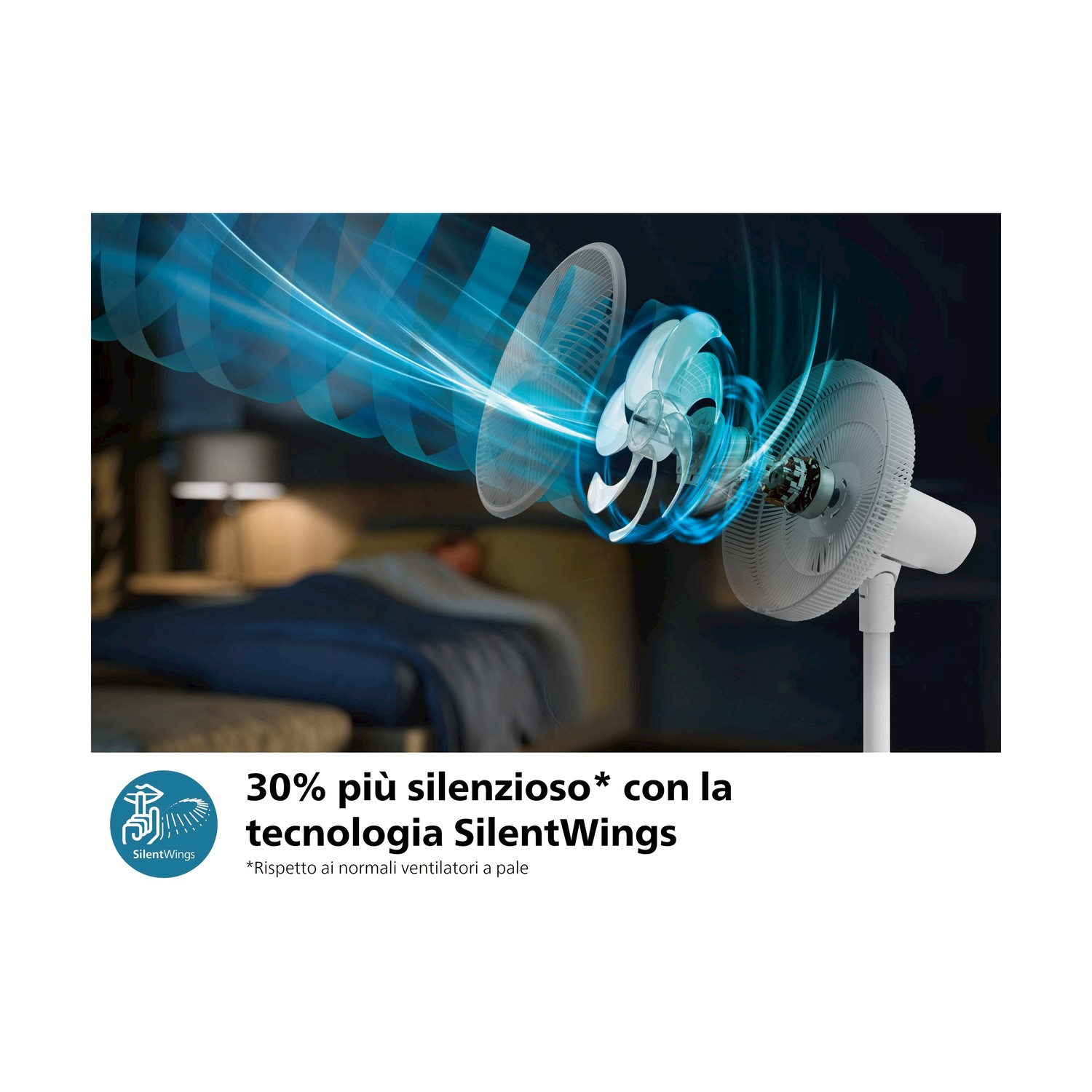 Ventilatore con tre pale, con un letto e una persona distesa sullo sfondo, con luce blu.