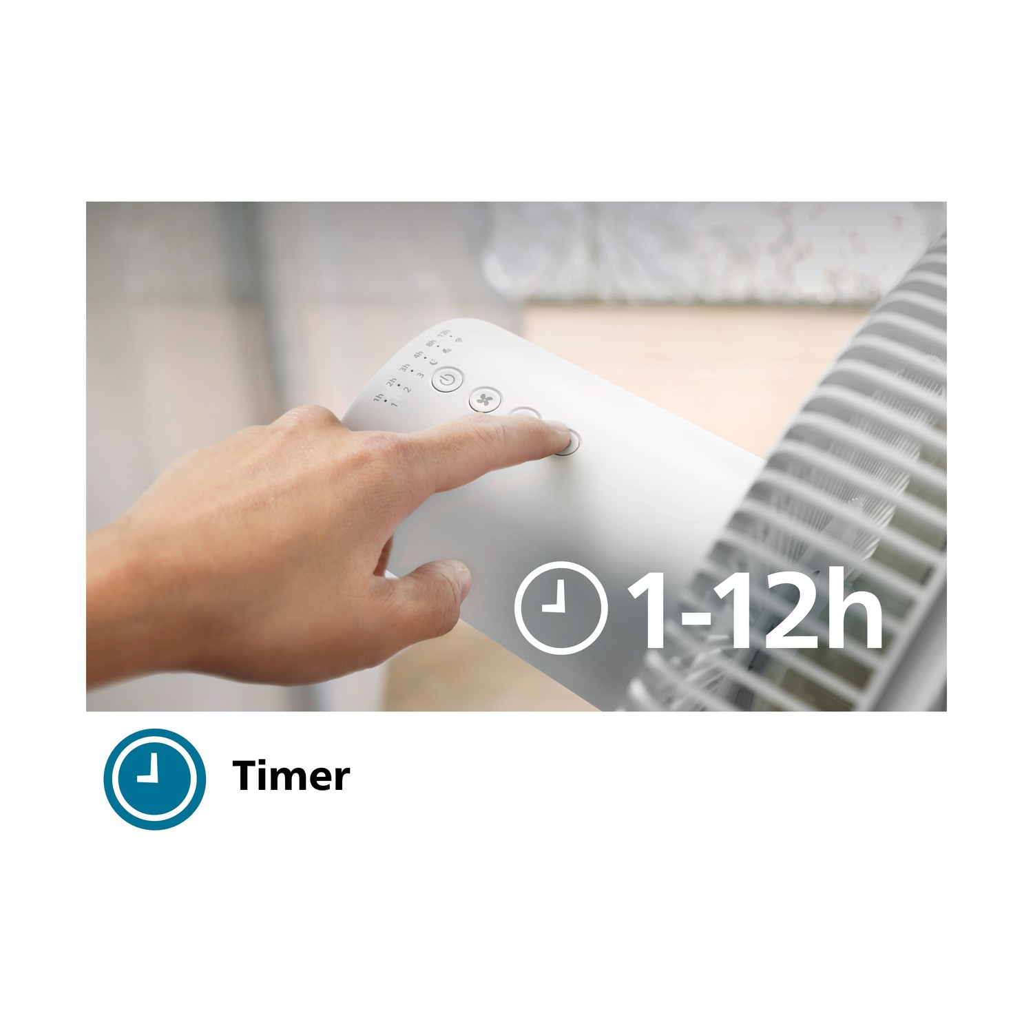 Primo piano del pannello di controllo di un ventilatore bianco, che mostra le impostazioni del timer da 1 a 12 ore.