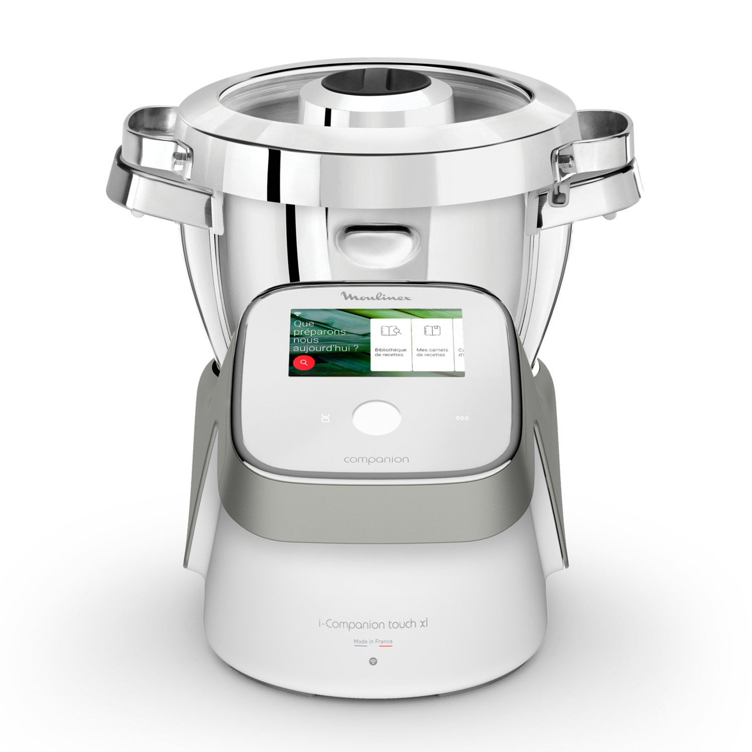 Un elettrodomestico da cucina bianco e argento con touchscreen.