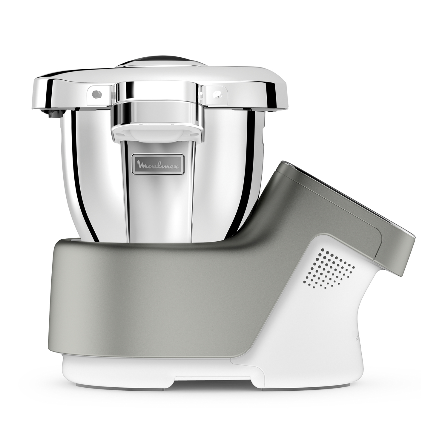 Robot da cucina Moulinex, bianco e grigio, con ciotola in acciaio inox e display.
