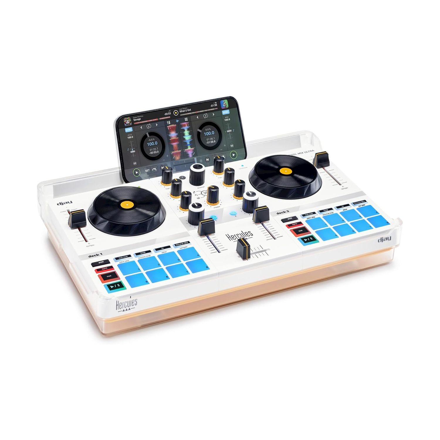 Ein weiß-goldener DJ-Controller mit Smartphone. Er hat Knöpfe, Tasten und zwei schwarze Plattenspieler.