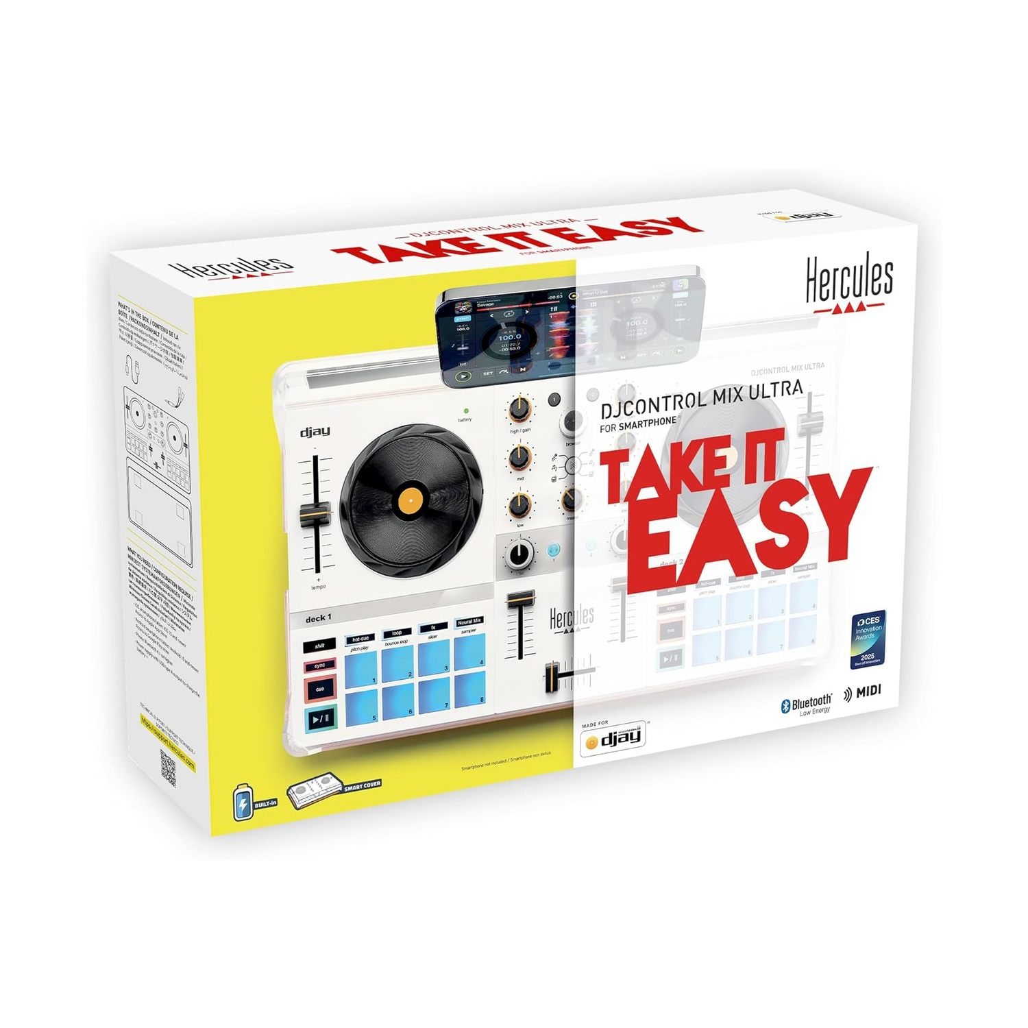 DJ-Controller-Box mit dem Text 'Take it easy' und dem Hercules-Logo.