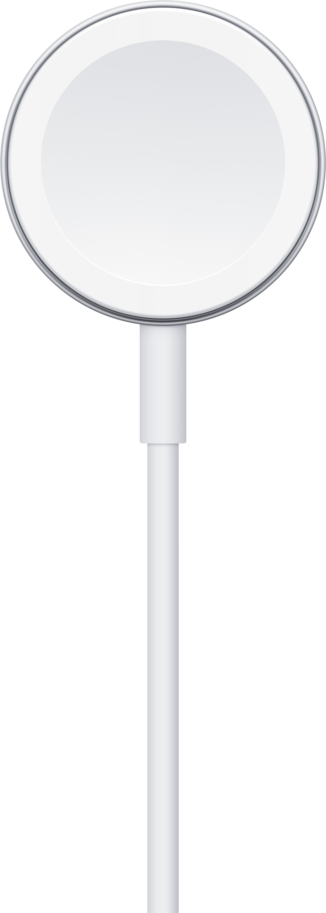 Chargeur Apple Watch. Disque de chargement blanc et rond avec câble blanc.