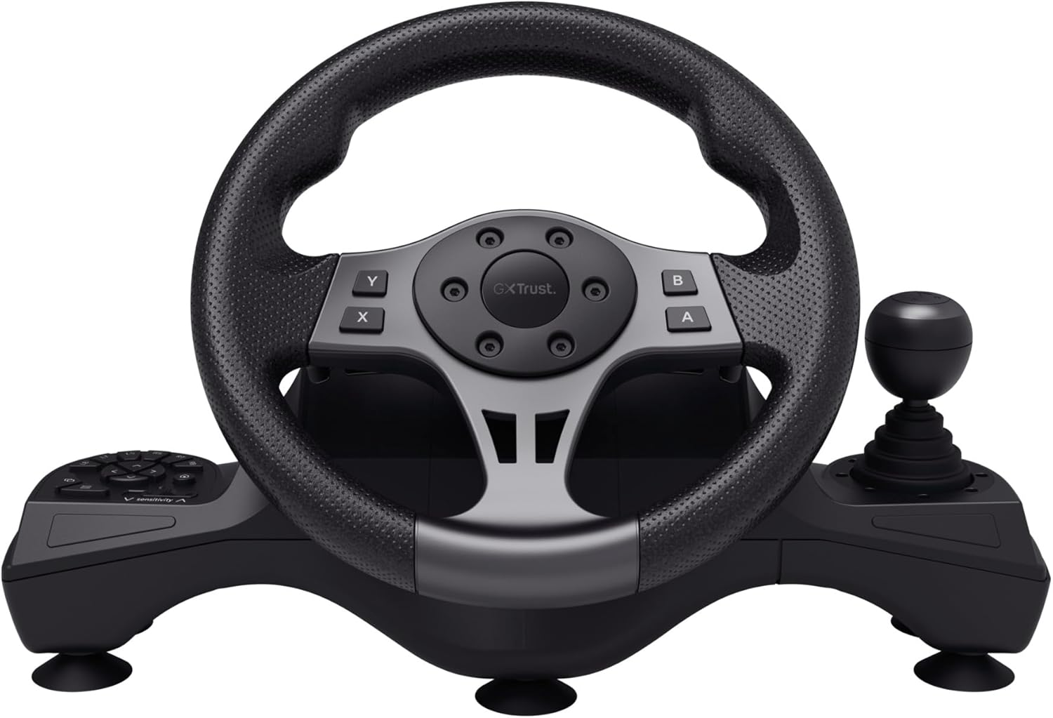 Egy fekete játék kormánykerék gombokkal és joystickkal.