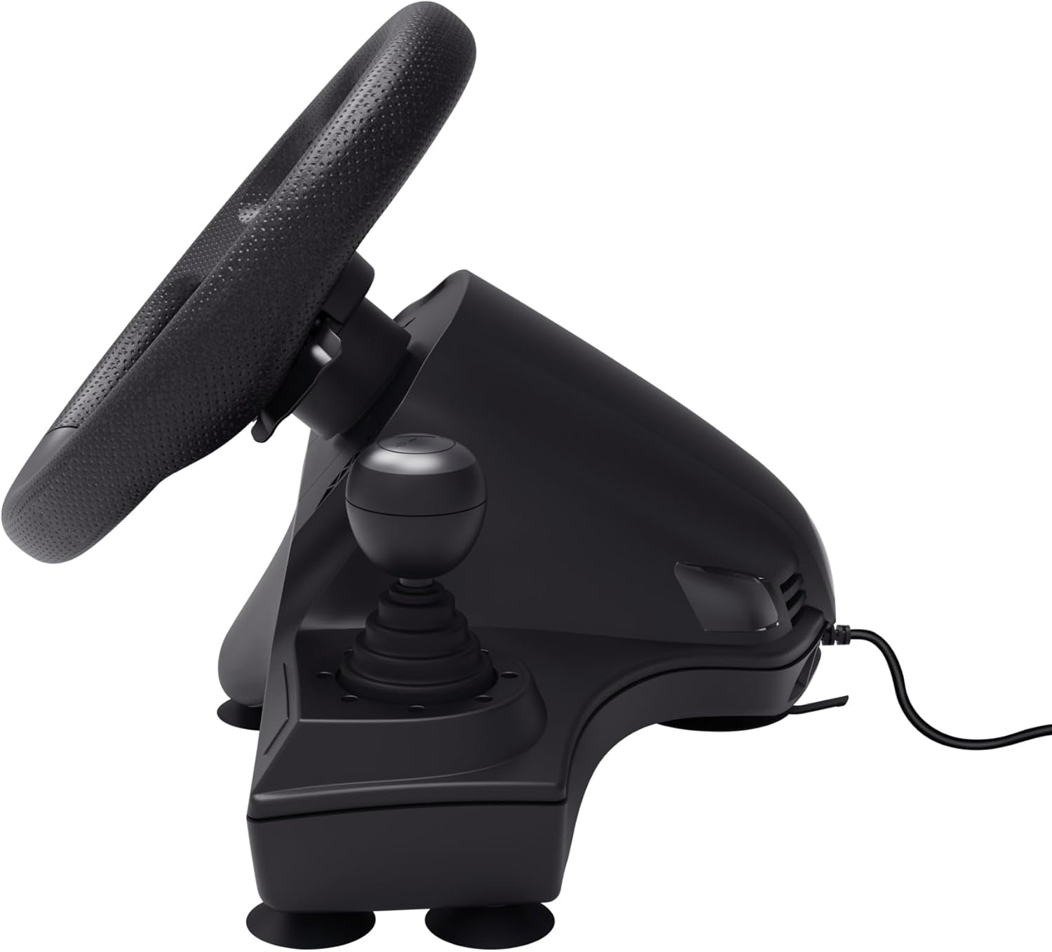 Fekete gamer kormánykerék joystickkal és tapadókorongokkal fehér háttéren.