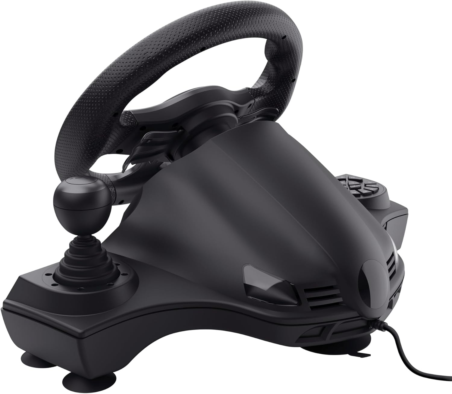 Fekete játék kormánykerék joystickkal és gombokkal egy állványon.