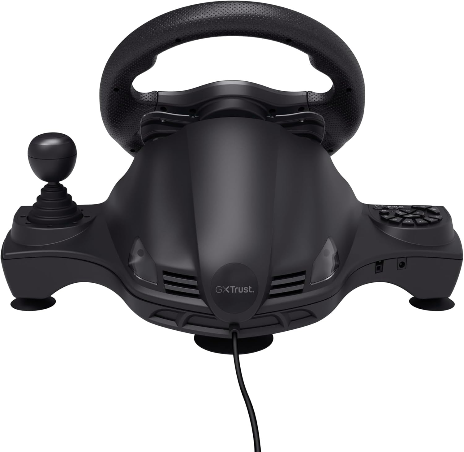 Fekete játék kormánykerék. Van egy joystickja, gombok és pedálok. A márka GXtrust.