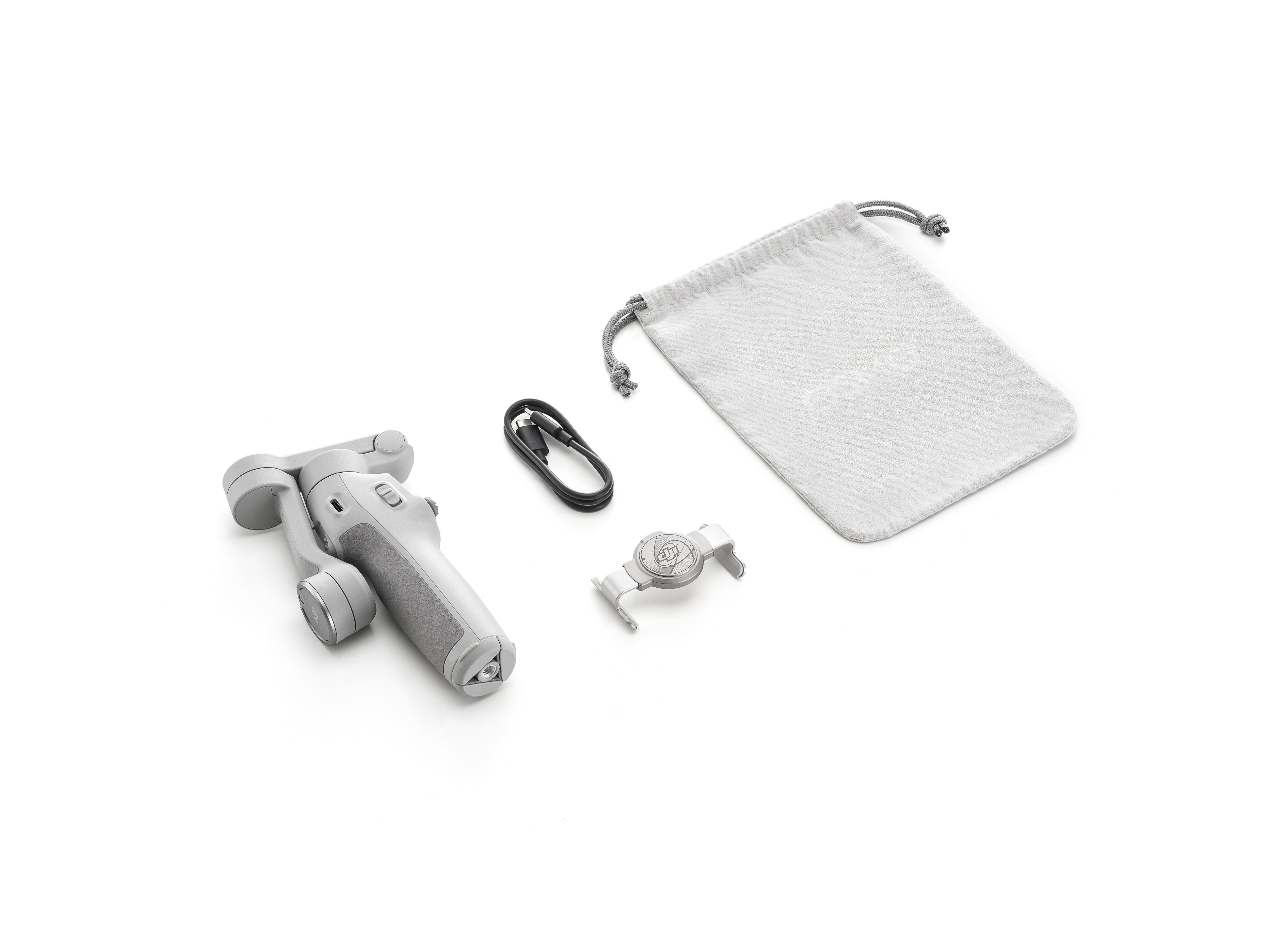 Ein Handstabilisator mit Zubehör, darunter eine Tragetasche, ein Ladekabel und ein Telefonclip.