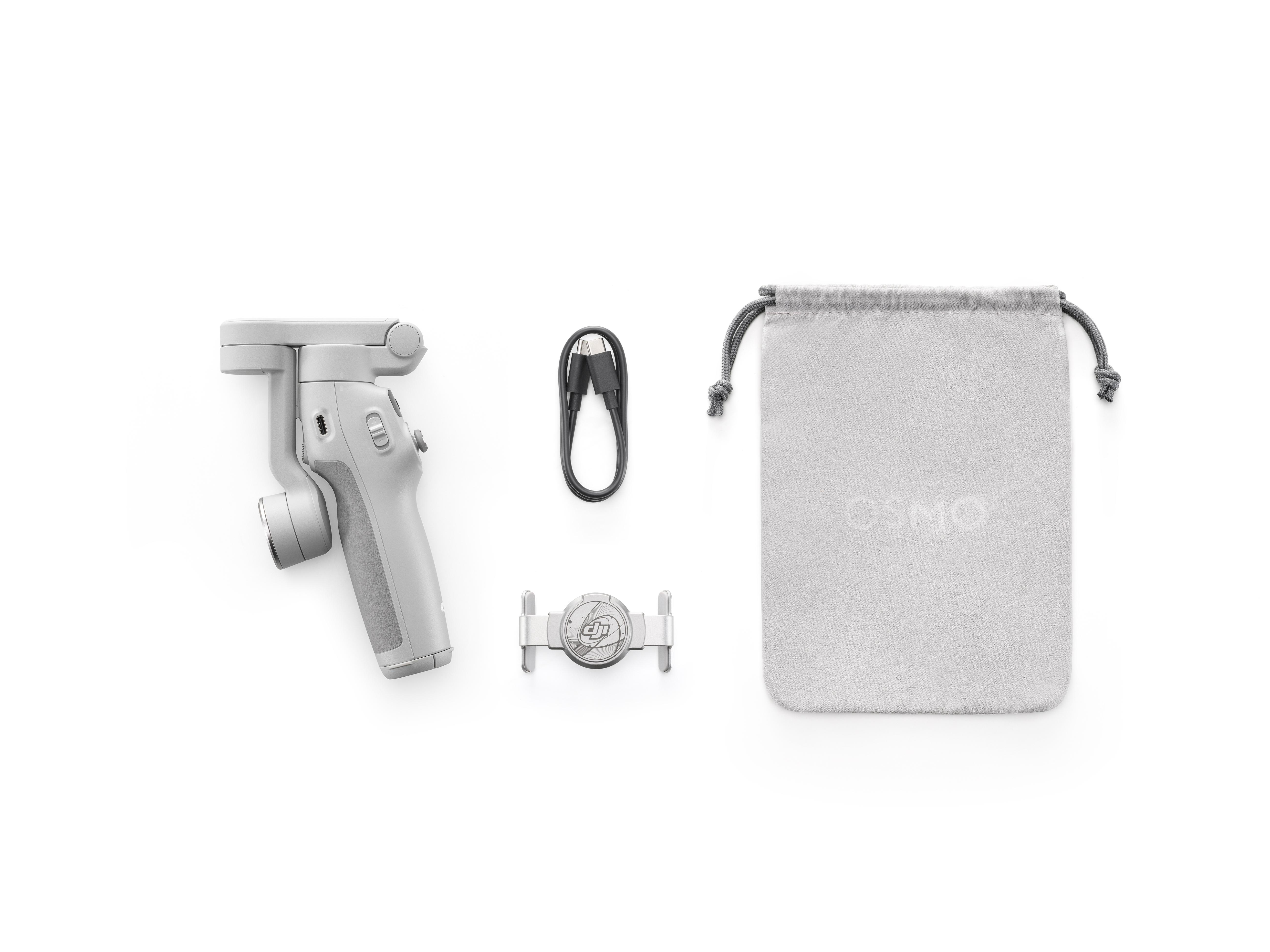 Ein Gimbal, Ladegerät, Kabel und Tasche auf Weiß.