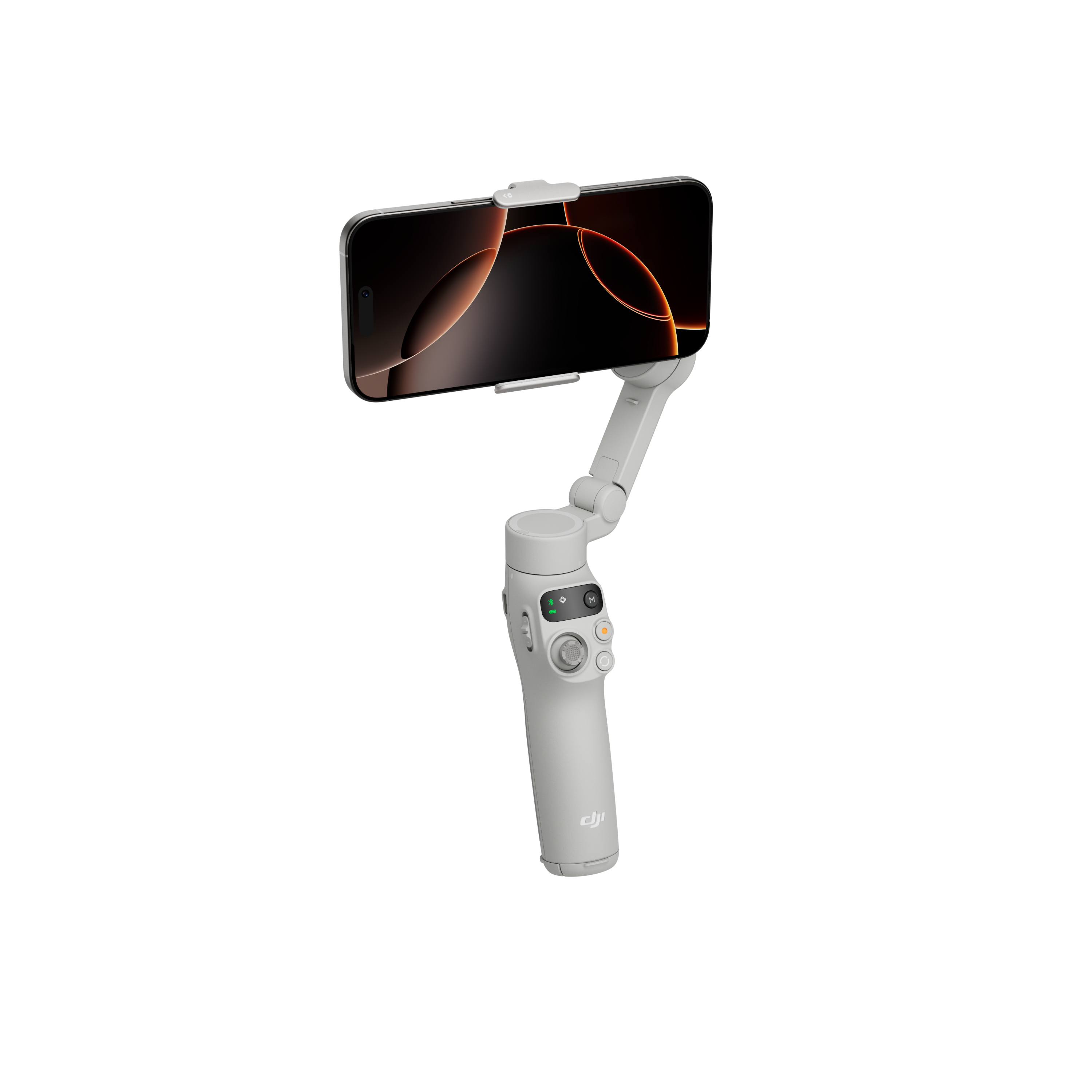 Ein grauer Smartphone-Gimbal, der ein Telefon mit Bildschirm hält.