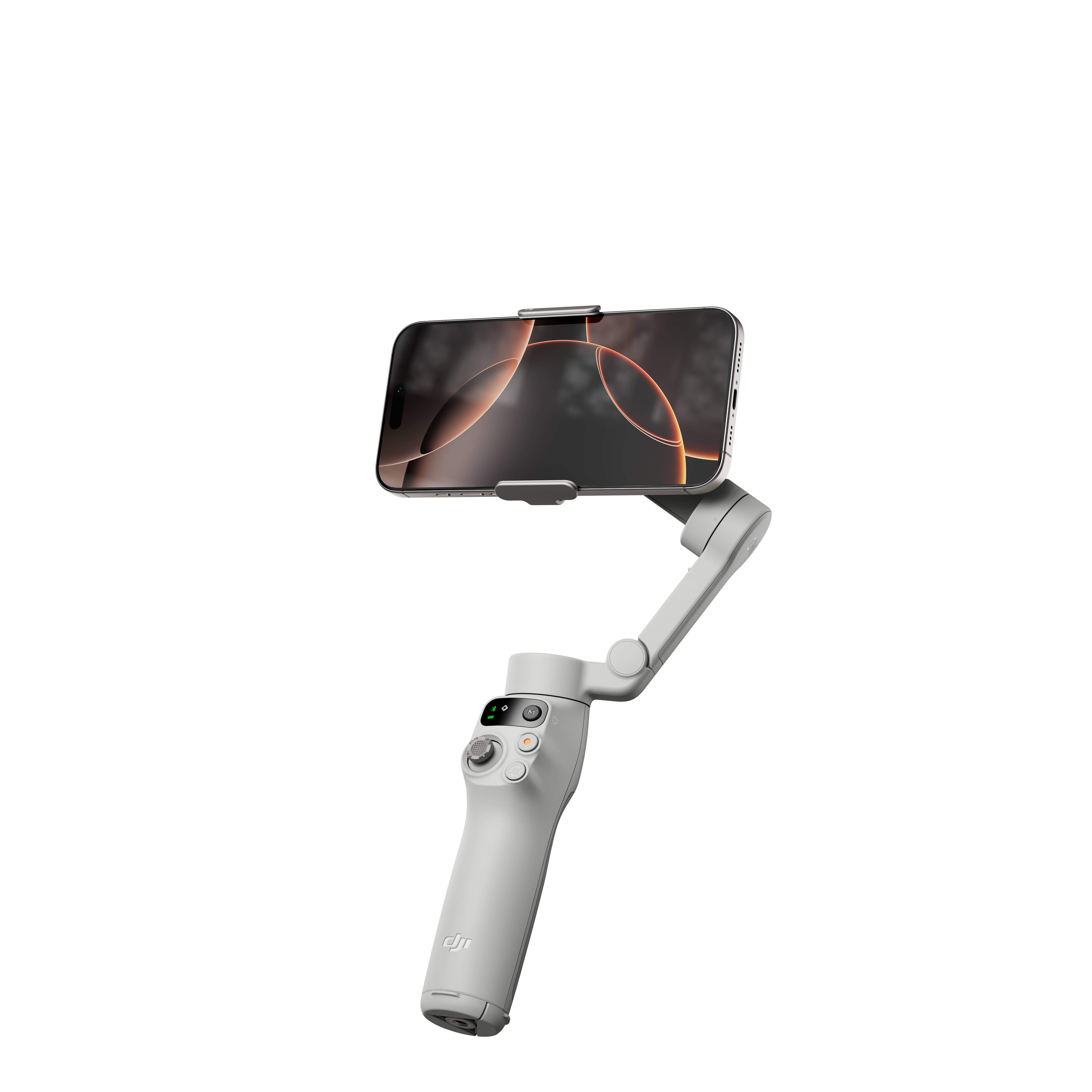 Ein grauer Smartphone-Gimbal, der ein Telefon mit Bildschirm hält.