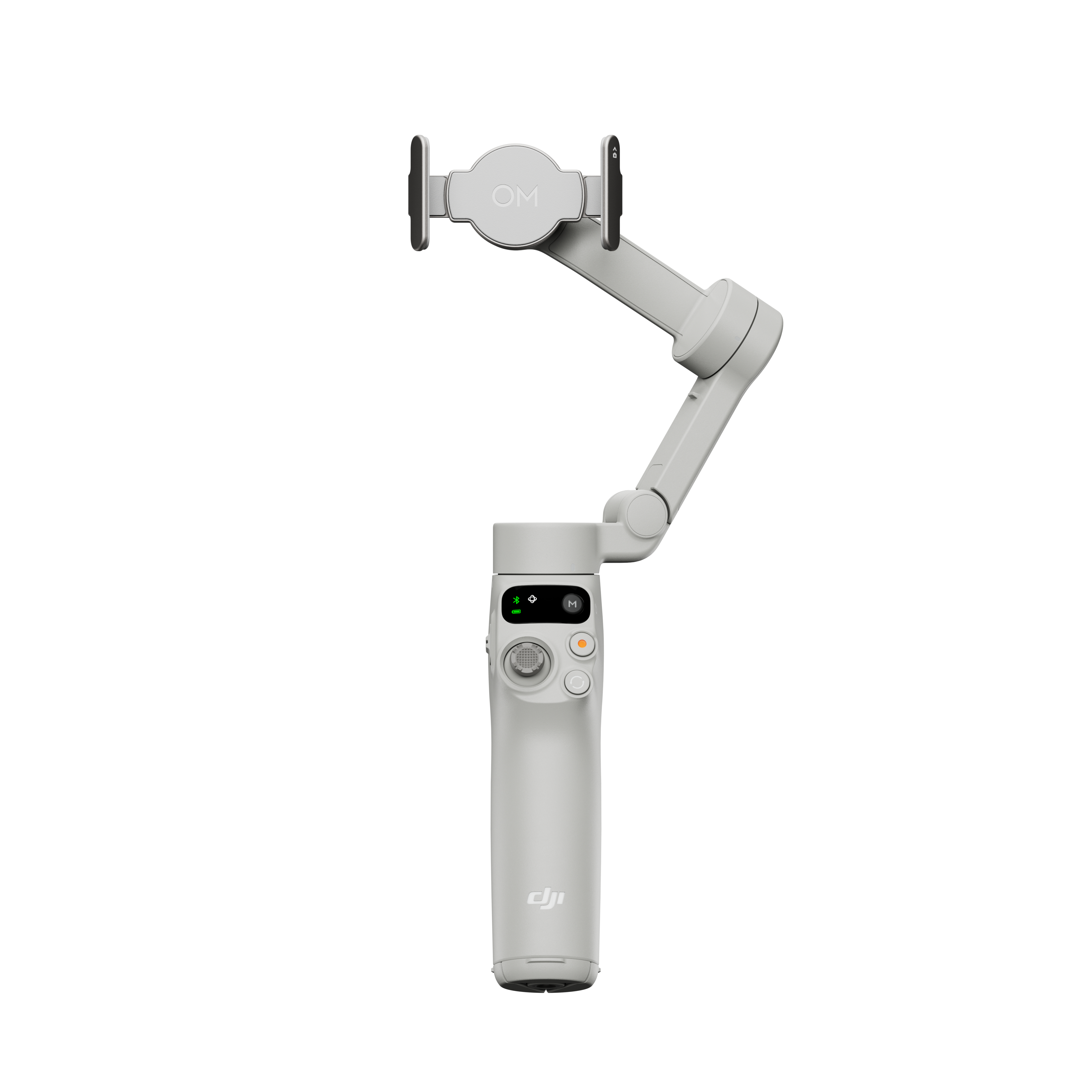 Weißer Hand-Gimbal-Stabilisator mit Steuerung und Knöpfen.