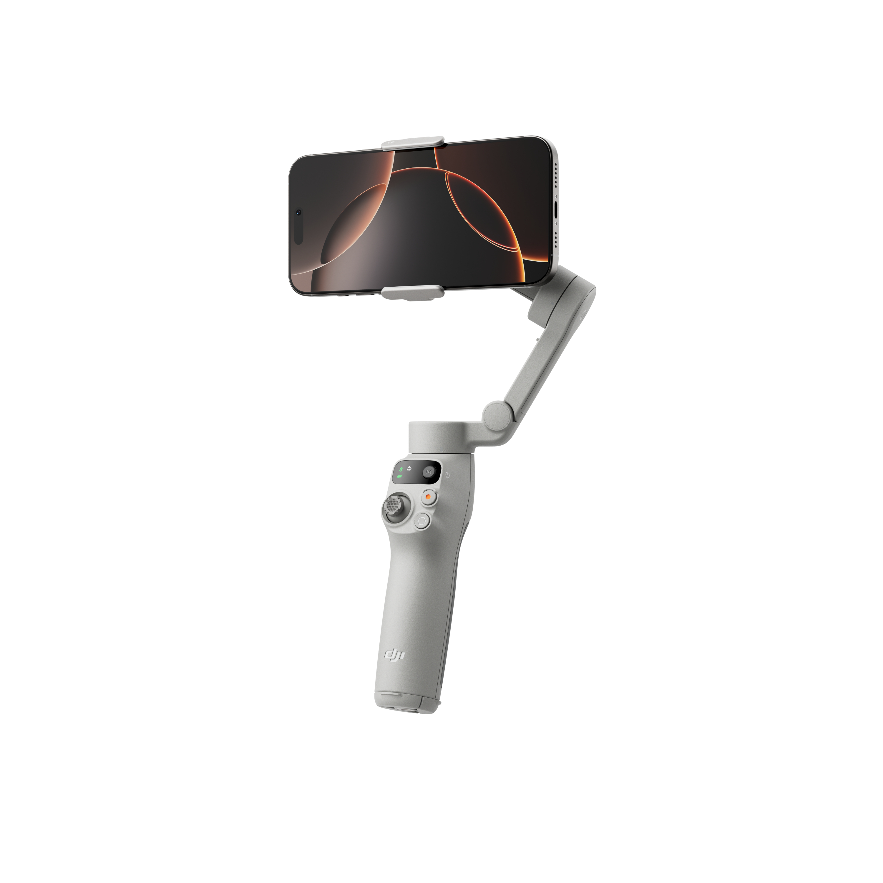 Ein grauer Smartphone-Stabilisator mit angebrachtem Telefon, isoliert auf weißem Hintergrund.