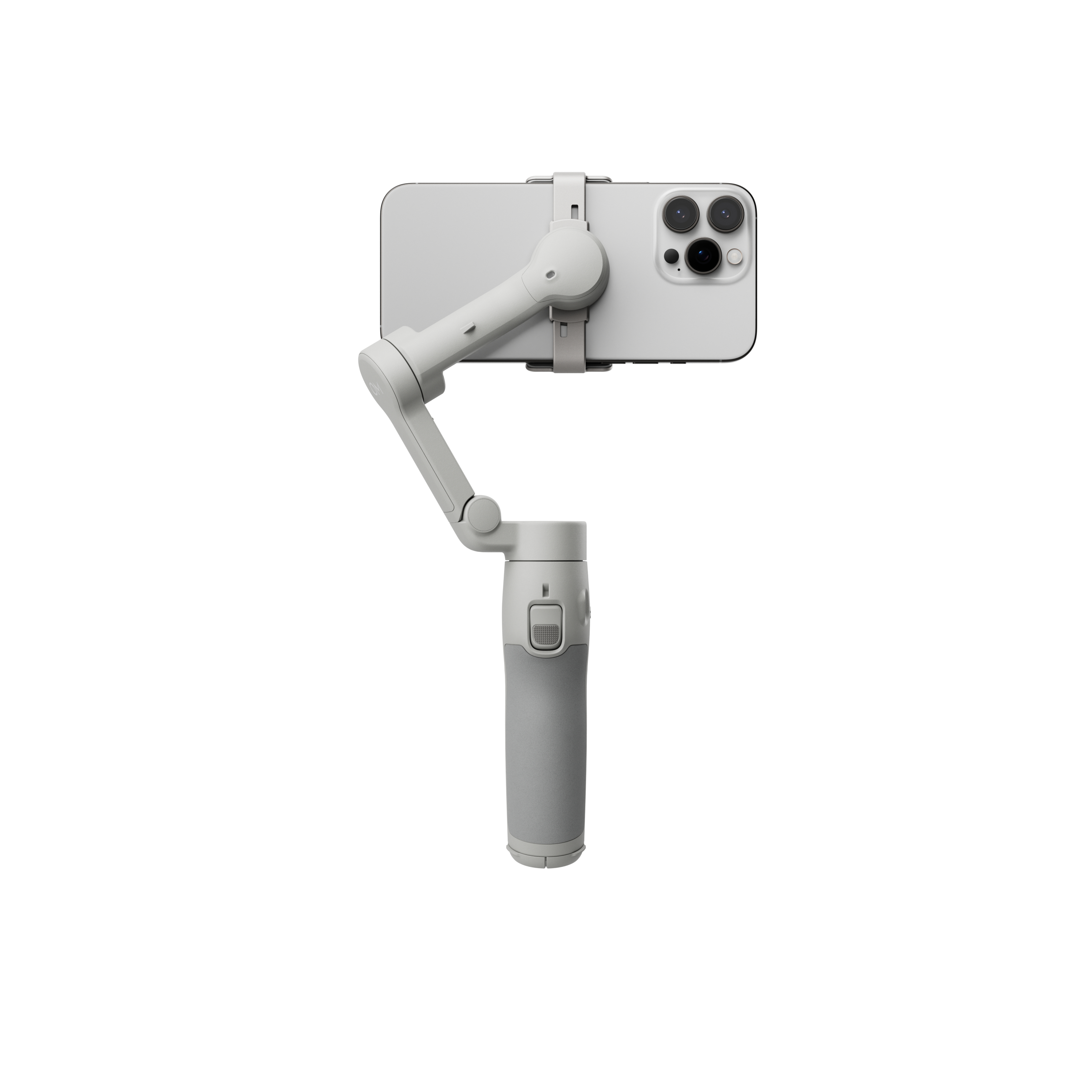Ein weißes Telefon, das von einem grauen Gimbal gehalten wird, isoliert auf weißem Hintergrund.
