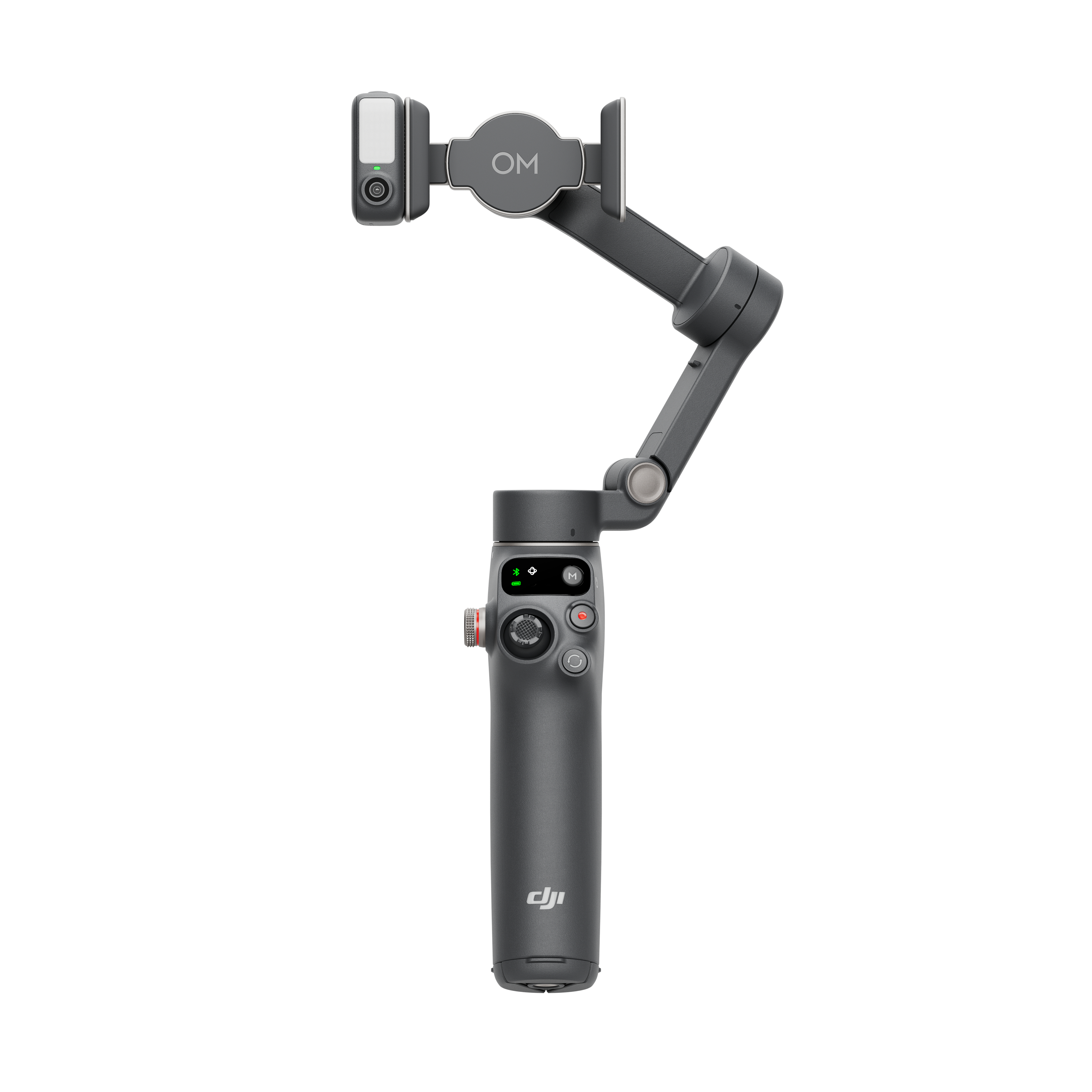 Grauer Handheld-Gimbal mit Telefonhalterung, Knöpfen und Joystick.