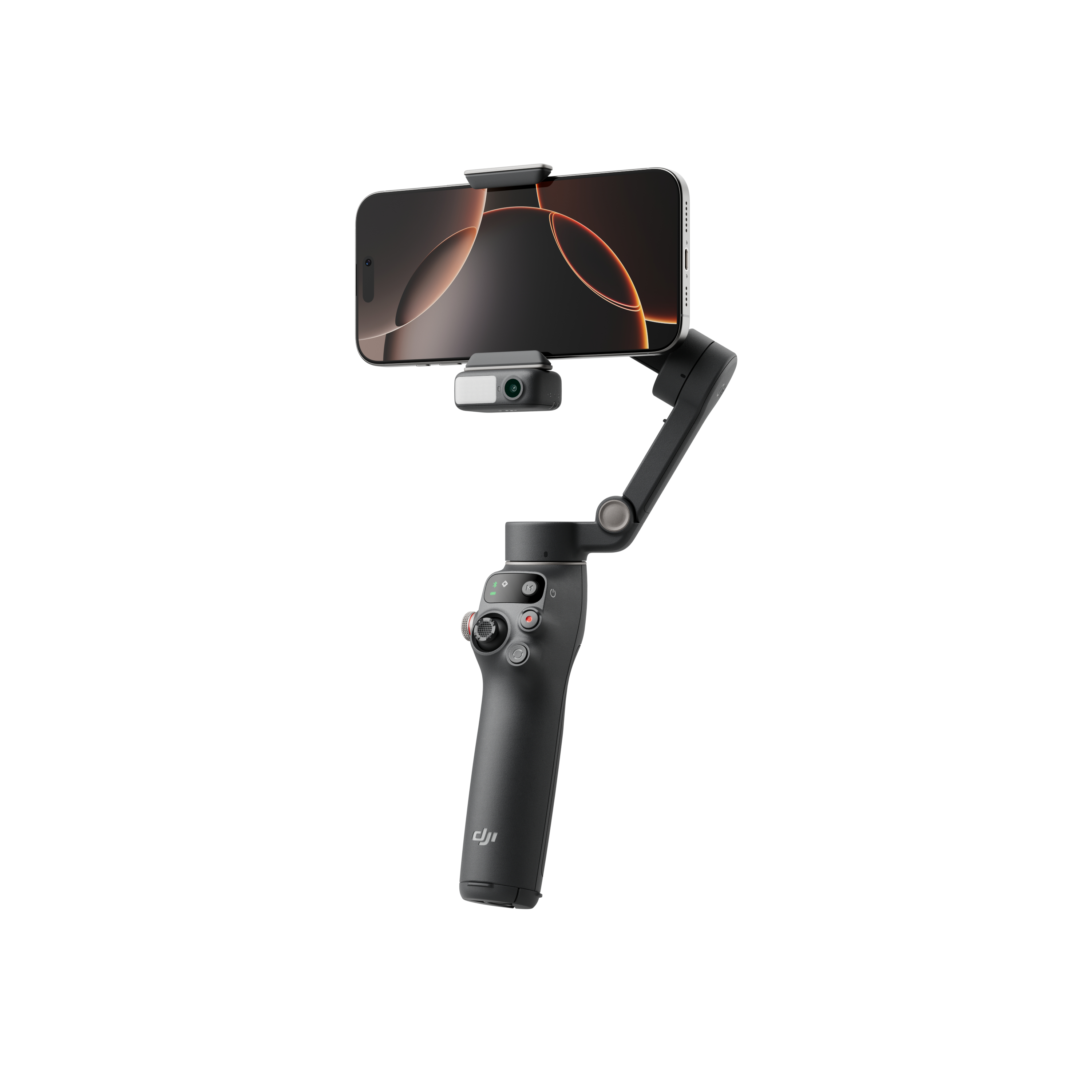 Ein schwarzes Telefon ist an einem schwarzen Gimbal befestigt, weißer Hintergrund.