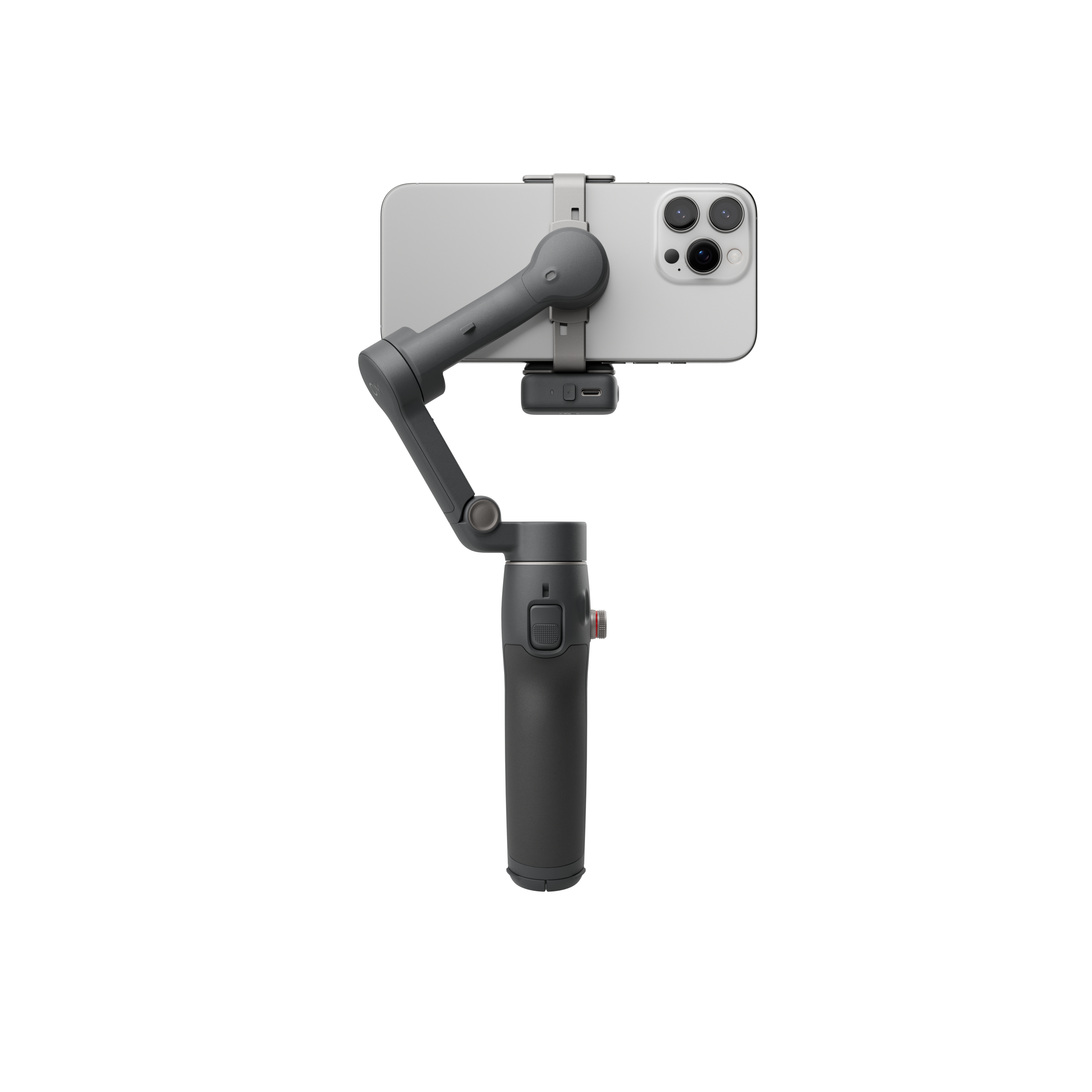 Dunkelgrauer Smartphone-Stabilisator mit befestigtem Telefon auf weißem Hintergrund.