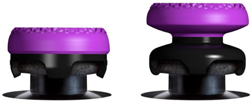 Dwa fioletowe nakładki na joystick z czarnymi podstawami, jeden wyższy od drugiego.