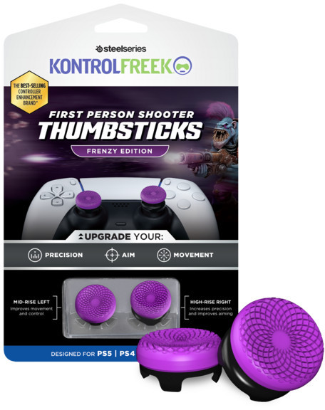 Opakowanie z nakładkami na joystick do kontrolera gier, ze zdjęciem kontrolera i fioletowymi drążkami.