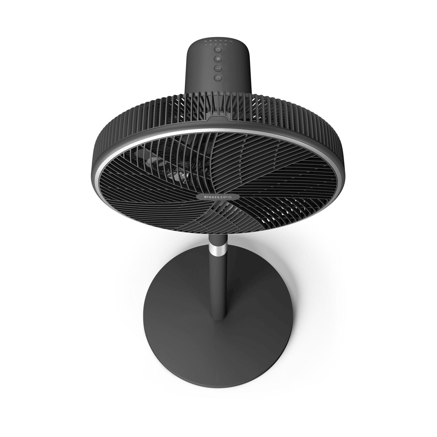 Ventilatore da terra nero con testa rotonda e base circolare. Vista dall'alto.