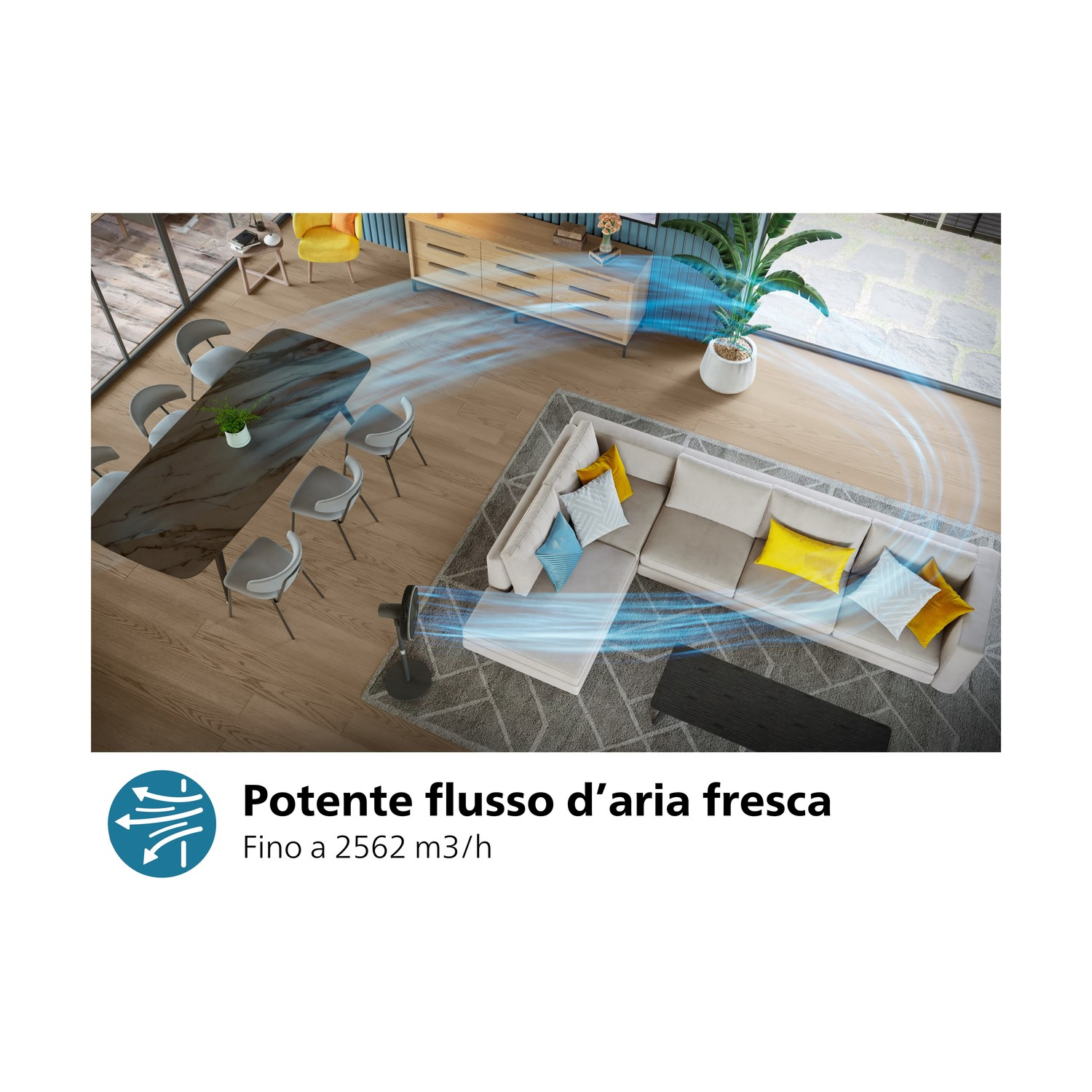 Un ventilatore in un soggiorno con testo sul flusso d'aria, frecce che indicano la direzione.