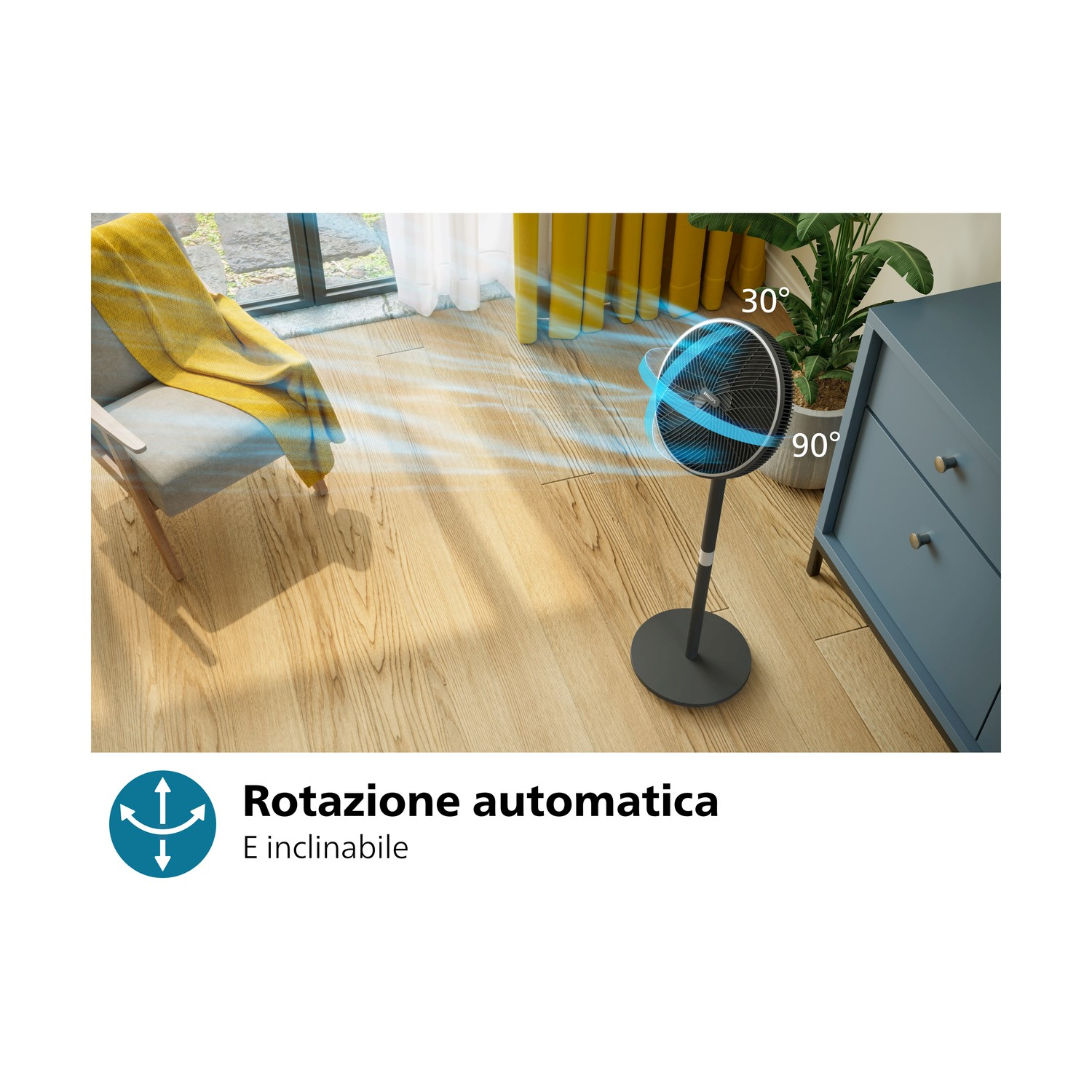 Un ventilatore nero emette aria, con pavimento in legno e un armadio blu sullo sfondo.