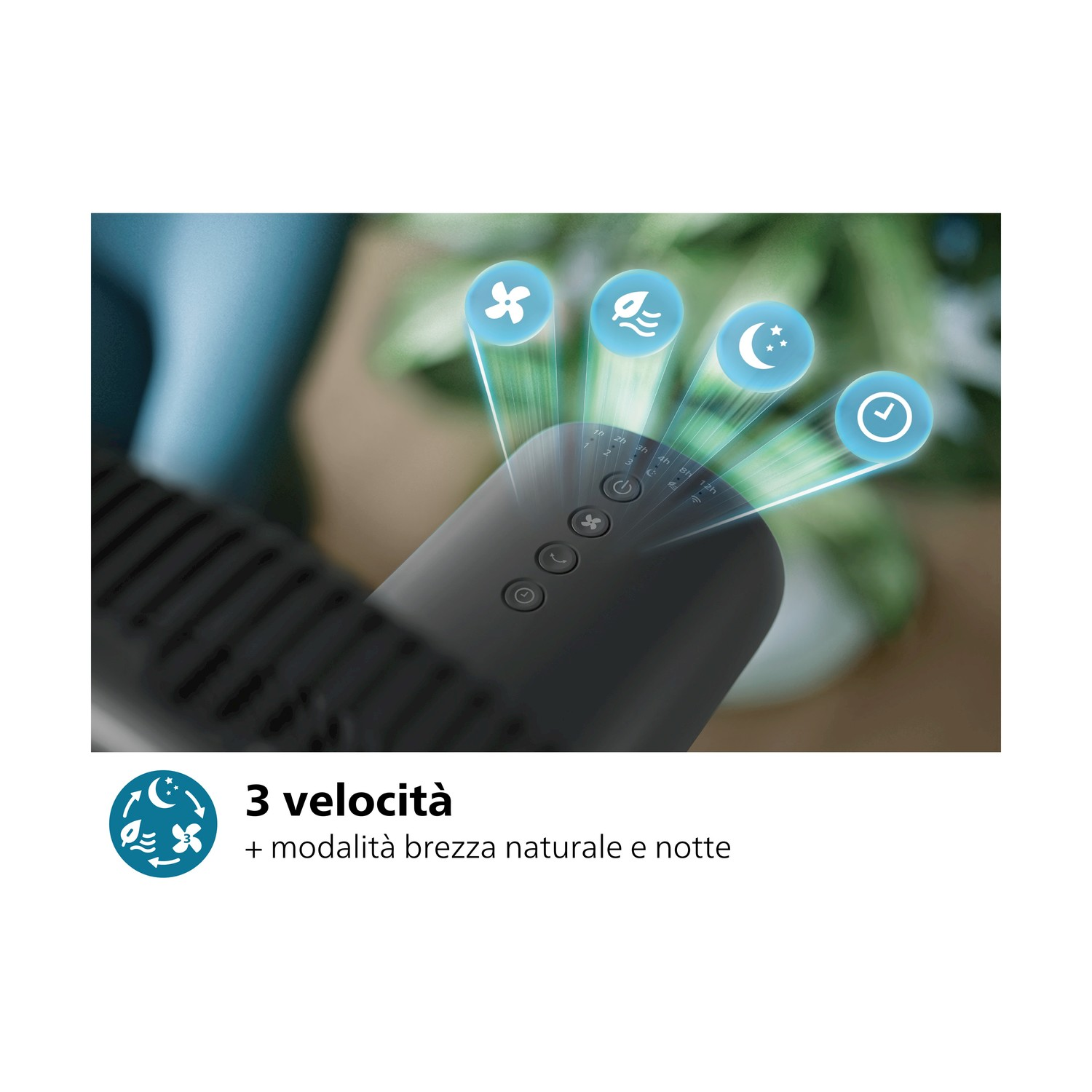 Primo piano del pannello di controllo di un ventilatore nero con icone che indicano diverse modalità.