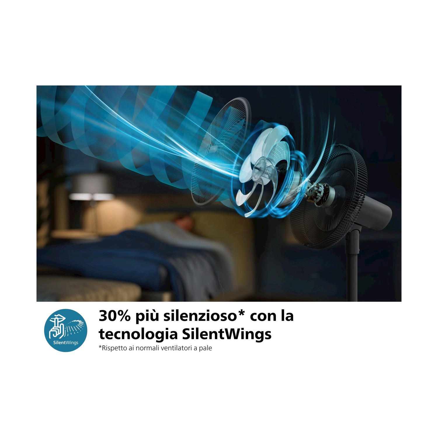 Ventilatore con linee di flusso d'aria blu. Testo: 30% più silenzioso con la tecnologia SilentWings.