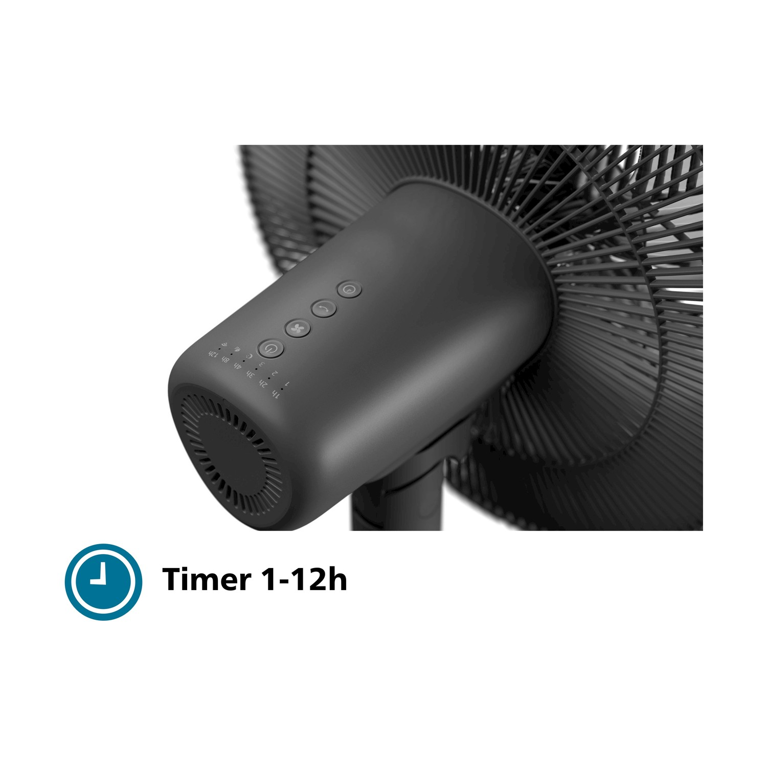 Ventilatore da terra nero con pulsanti di controllo. Viene visualizzato anche il timer del ventilatore.
