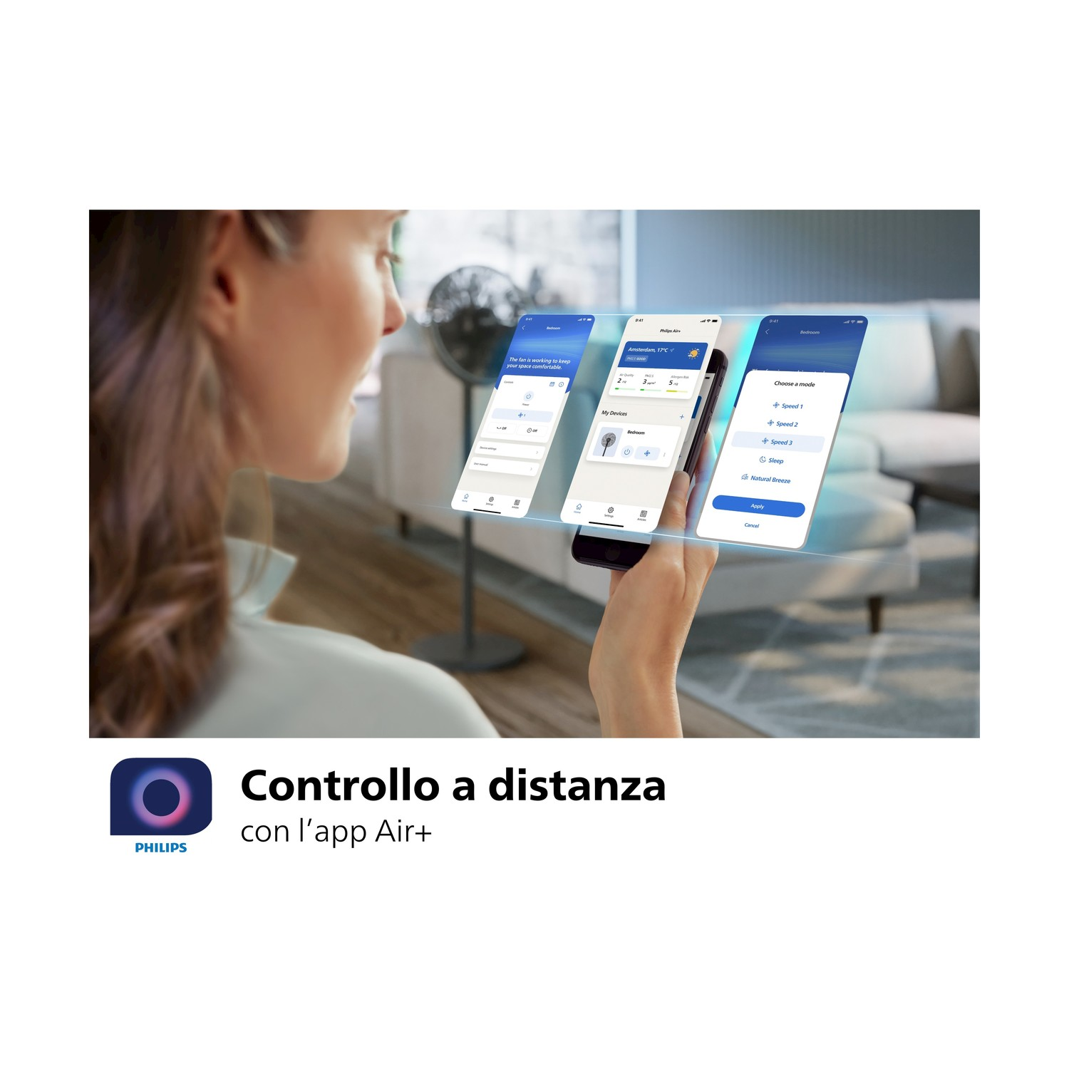 Donna che usa il telefono. Il telefono mostra l'app con le impostazioni. Sfondo bianco.