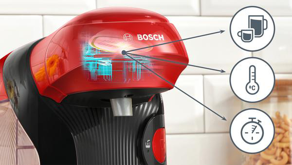 Rote Kaffeemaschine mit Anzeigen für Tasse, Temperatur und Timer. Weißer Hintergrund.