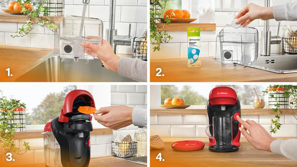 Schritte zur Nutzung einer Kaffeemaschine. Wasser einfüllen, Tablette hinzufügen, Kapsel einlegen und Taste drücken, um Kaffee zu brühen.