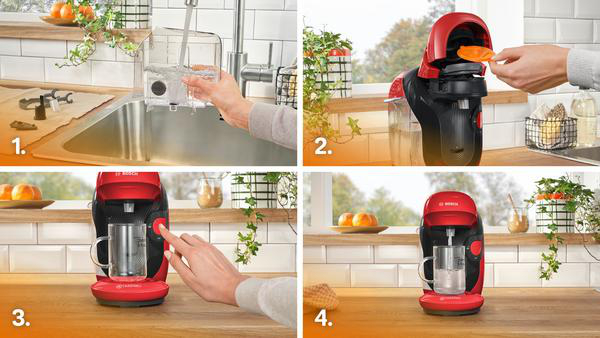 Vier Bilder, die die Schritte einer Bosch-Kaffeemaschine zeigen. Wasser füllen, Kaffee hinzufügen und benutzen.