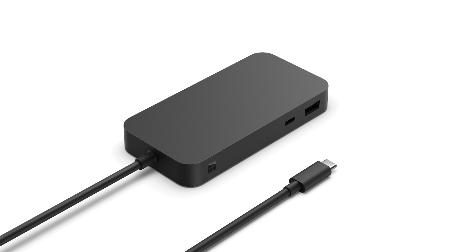 Hub negro con cable USB-C. Fondo negro.