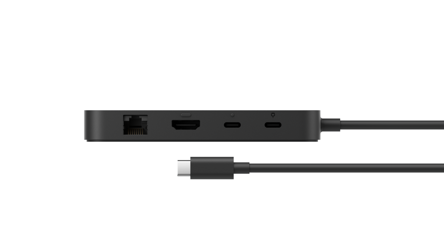 Estación de acoplamiento negra con múltiples puertos: ethernet, HDMI, USB-C, USB-C y un cable con conector USB-C.