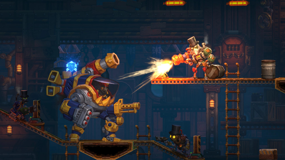 Steampunk-achtige spelscène. Een grote robot vecht tegen een robot met een geweer.