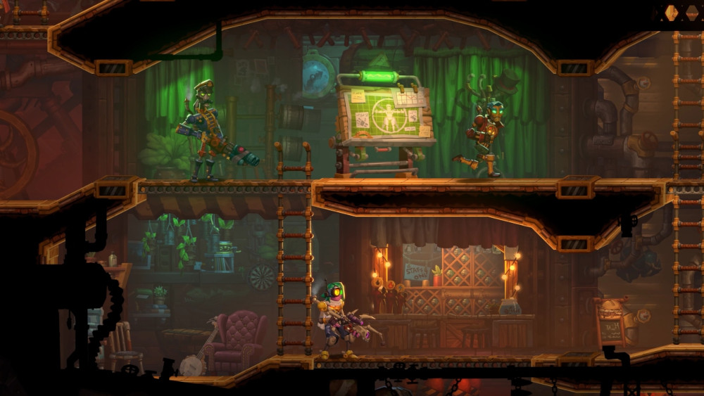 Een side-scrolling game scène met personages in een steampunk-geïnspireerde omgeving met meerdere niveaus.