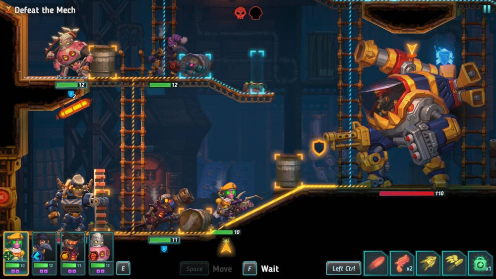 Een videogame scène. Personages die vechten tegen een mech. Een level toont een voortgangsbalk en knoppen.