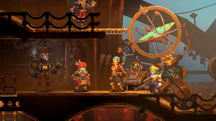 Een side-scrolling game scène met meerdere personages in een steampunk setting, die interageren met machines.