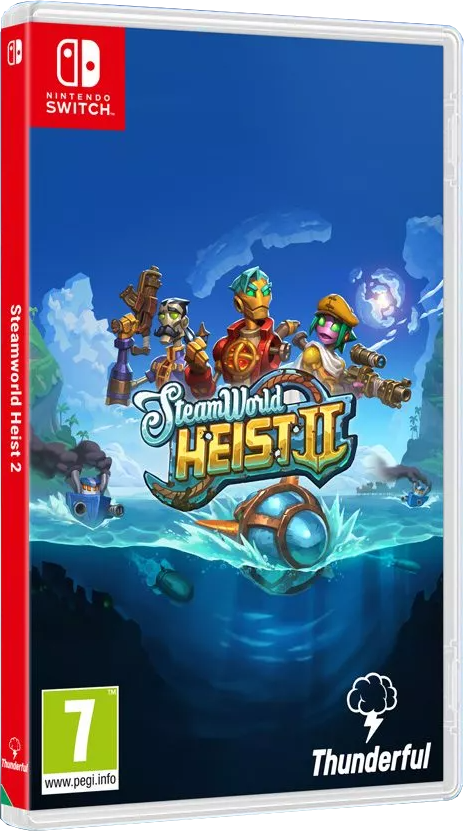 Spelverpakking voor SteamWorld Heist II voor Nintendo Switch. Kleurrijke kunst met personages en schip.