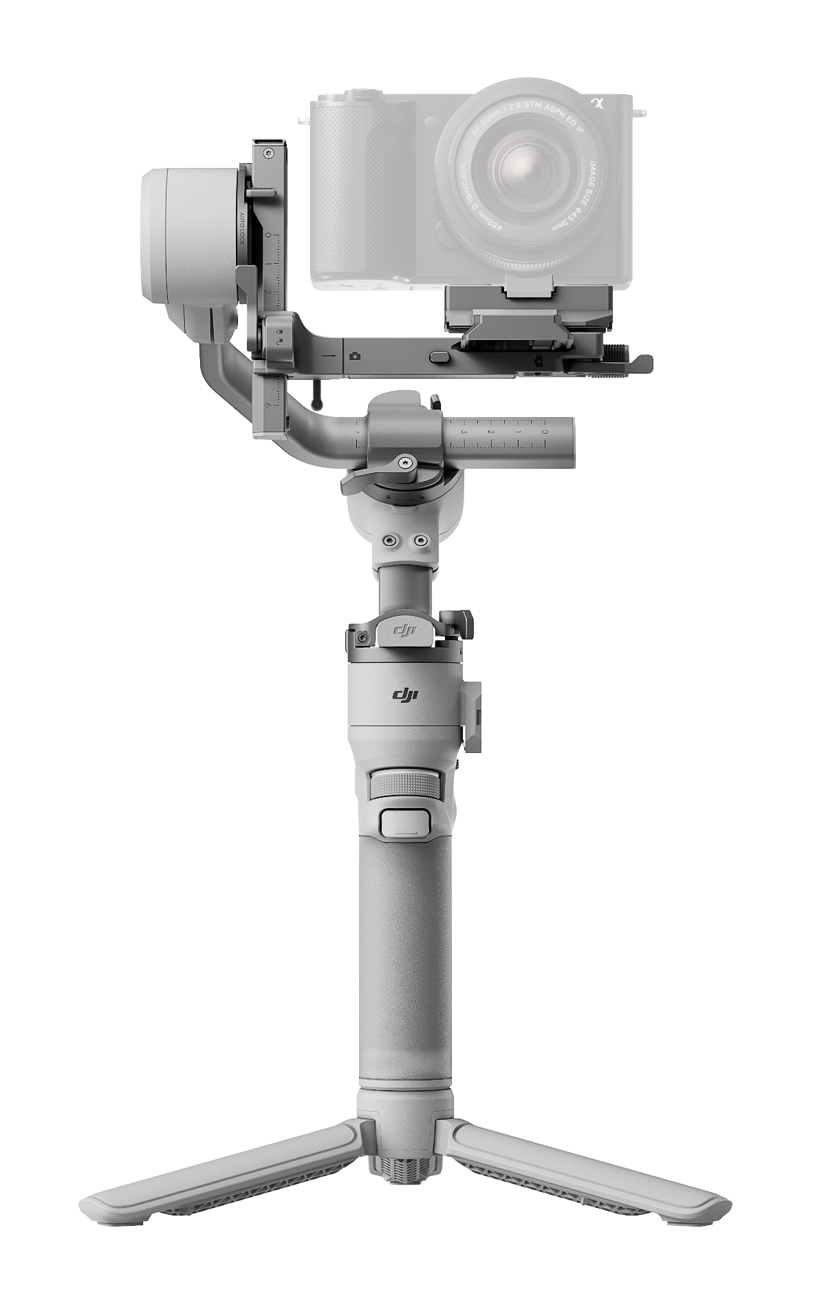 Szary stabilizator kamery z zamontowaną kamerą na czarnym tle.
