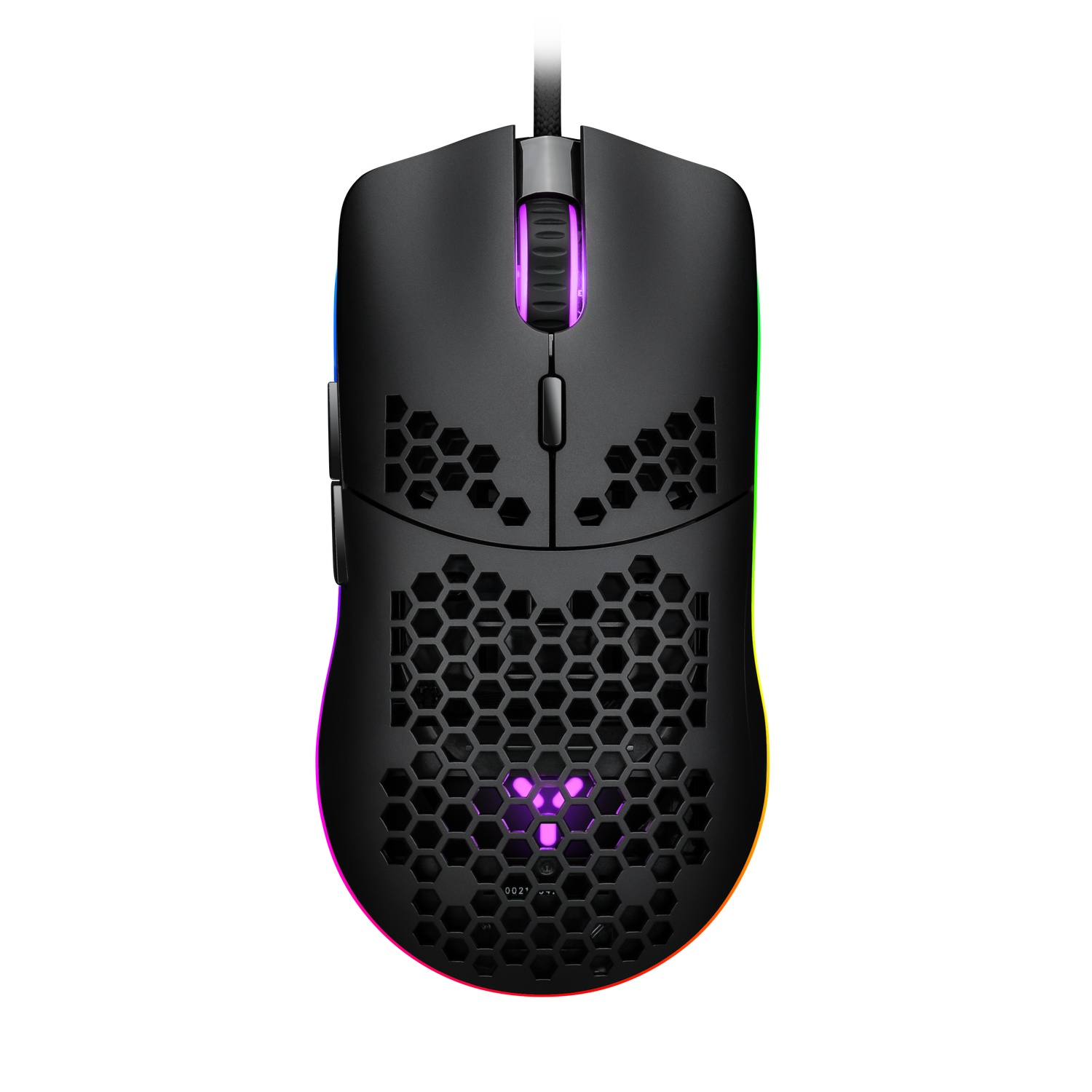 Black gaming mouse with honeycomb pattern and RGB lighting.