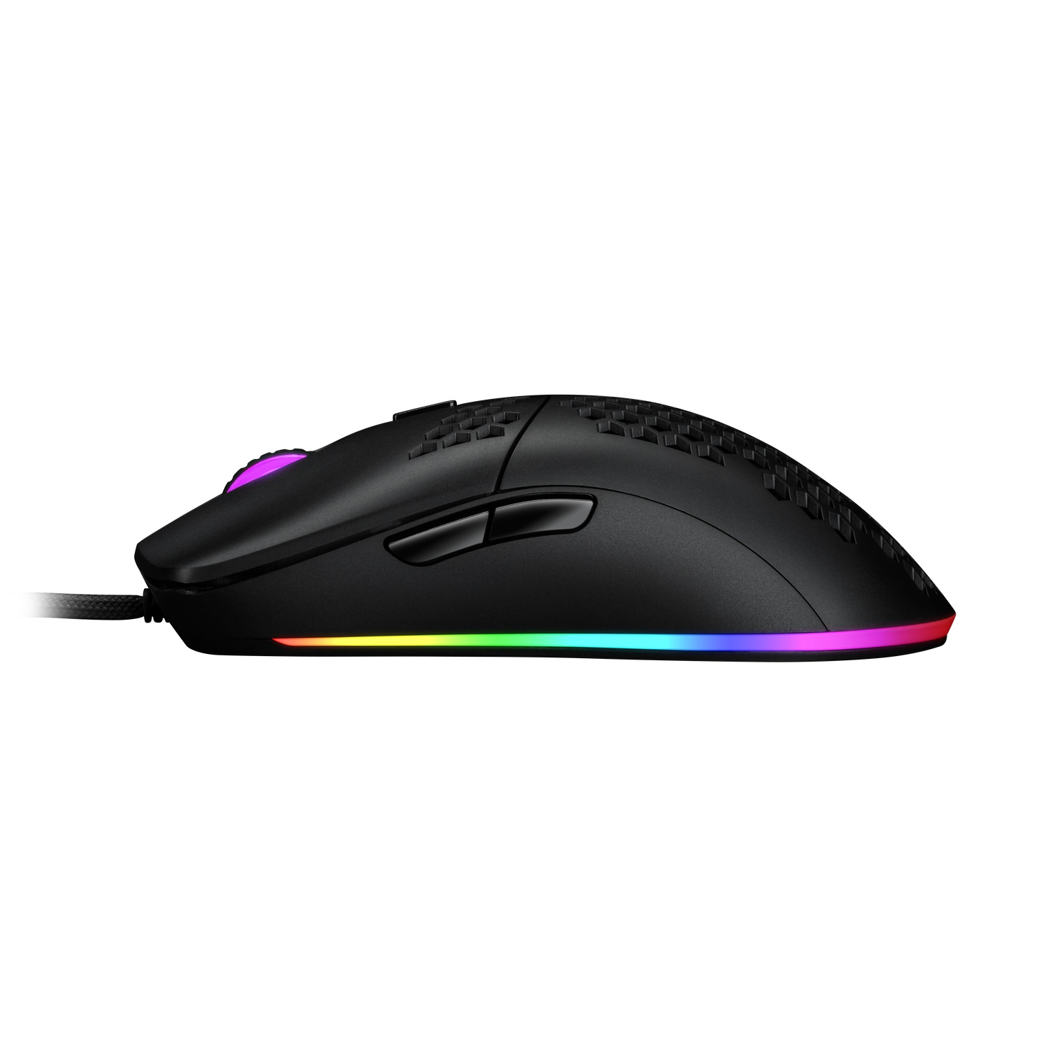 Black gaming mouse with RGB lighting, shown from the left side.
