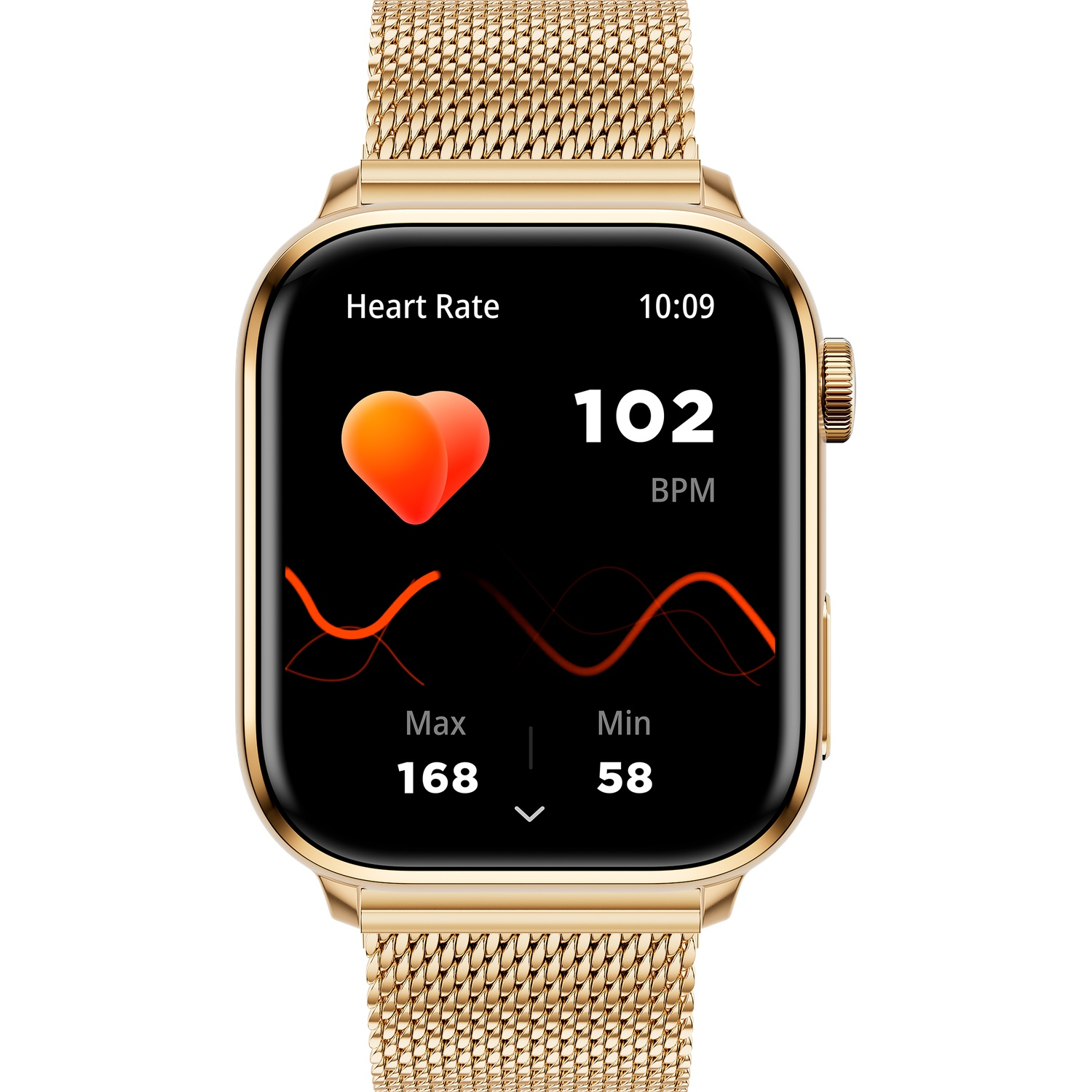 Gold smartwatch with a heart rate monitor showing 102 BPM. The display shows a heart icon and time.