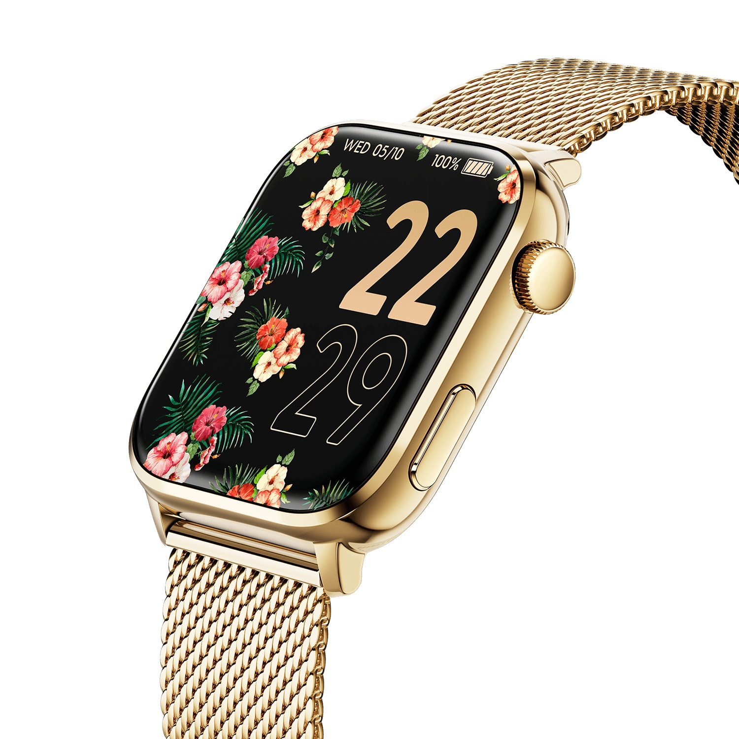 A gold smartwatch with a floral display showing the date and time. The strap is a metal mesh.