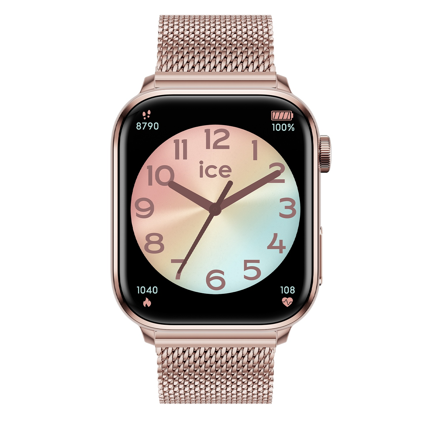Rose gold smartwatch with a colorful clock face. The display shows the time, heart rate, and battery level.