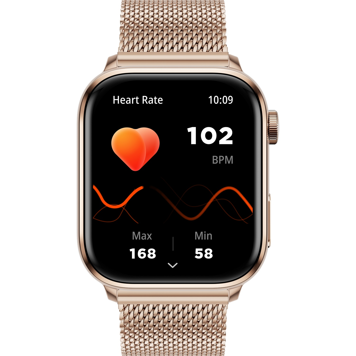 A gold smartwatch displaying heart rate data with a graph and the time. The strap is a metal mesh.
