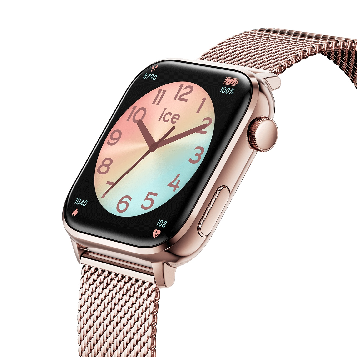 Rose gold smartwatch with mesh band, black screen showing time. The background is white.
